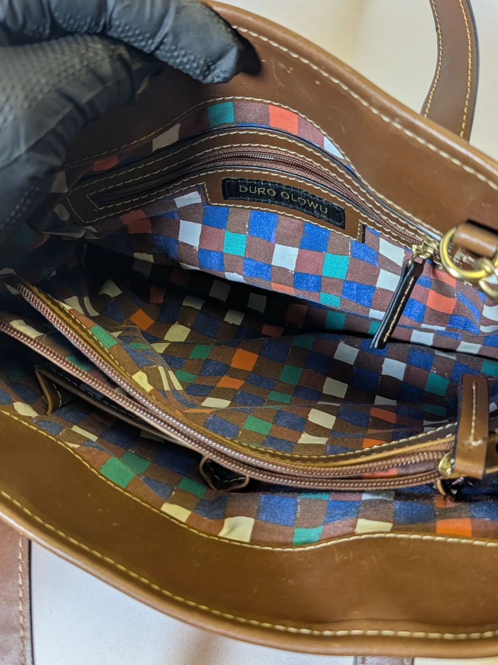 Brown Leather Shoulder Bag with Coral and Cream Woven Panels
